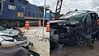 Tren de carga arrastra un auto en la carretera Ekmul-Tixkokob