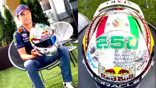 Checo mostró cada detalle del nuevo casco. Foto: Especial