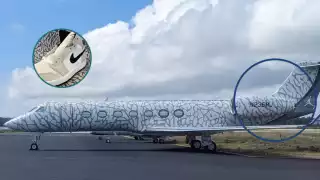 El avión tiene un diseño muy peculiar, pues es igual al estilo que ha mostrado en el impreso del calzado con su logo