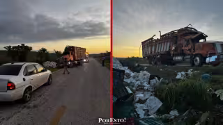 Vuelca torton con 15 toneladas de papaya en la carretera Hopelchén-Campeche