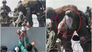 La grabación de nueve segundos que se hizo viral en las redes sociales muestra cómo, en medio de la multitud y el caos, una persona entrega a un bebé. Foto: Especial