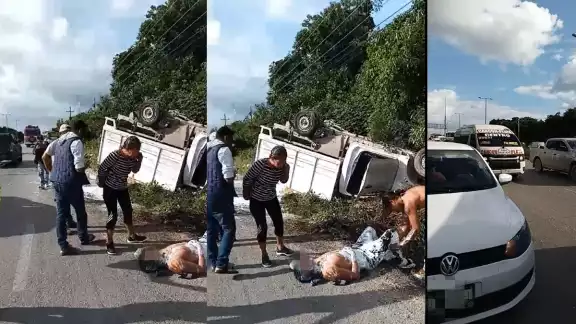 Volcadura aparatosa de una camioneta de pintura Volcadura aparatosa de una camioneta de pintura