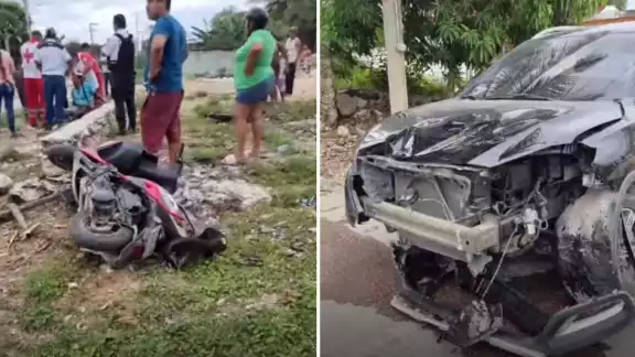 Paramédicos de la Cruz Roja arribaron para atender al herido; por otro lado, la camioneta negra resultó con el frente destrozado por el fuerte impacto. Paramédicos de la Cruz Roja arribaron para atender al herido; por otro lado, la camioneta negra resultó con el frente destrozado por el fuerte impacto.