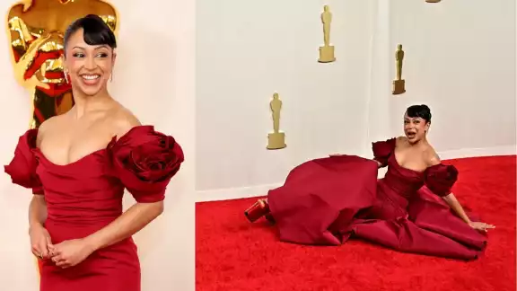 Así fue la caída de Liza Koshy en los Oscars 2024 Así fue la caída de Liza Koshy en los Oscars 2024