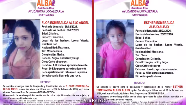 Alerta Amber: menor y mujer vistas por última vez el 26 de febrero