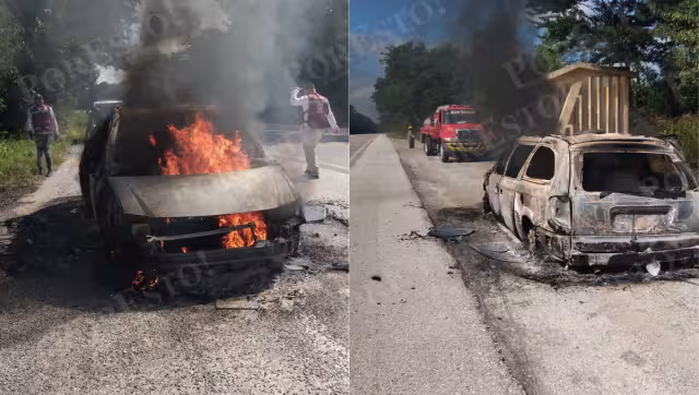 En el vehículo viajaba una familia del ejido López Portillo, que logró salir ilesa antes de que el fuego consumiera la unidad.