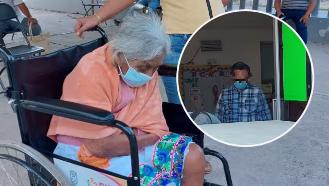 Pese al frío, la abuelita tuvo que esperar a su consulta afuera del IMSS de Izamal