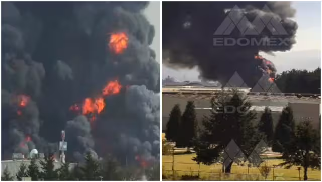 Un fuerte incendio se registró en una fábrica de solventes en el municipio de Lerma, Estado de México