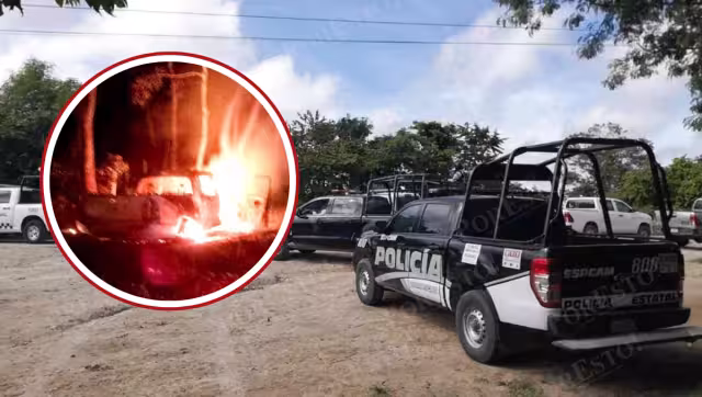 Percance en Nueva Rosita-Pablo Torres Burgos: camioneta consumida por el fuego