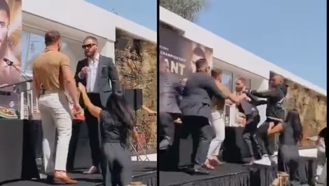 Los boxeadores, Saúl Canelo Álvarez y Caleb Plant protagonizaron tremenda pelea durante la rueda de prensa para presentar su combate el próximo 6 de noviembre