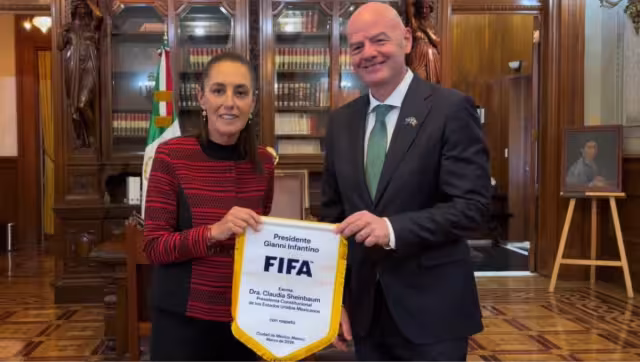 Presidenta Sheinbaum recibe a Gianni Infatino en Palacio Nacional.