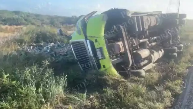 Tráiler vuelca en la federal 180; conductor y acompañante resultan golpeados