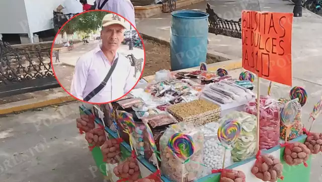 Vendedor poblano encuentra en Calkiní una buena plaza para la venta de dulces y fruta.
