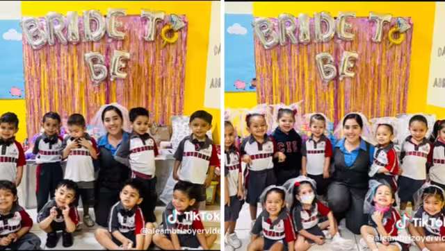 Las niñas recibieron a su maestra luciendo velos de novia