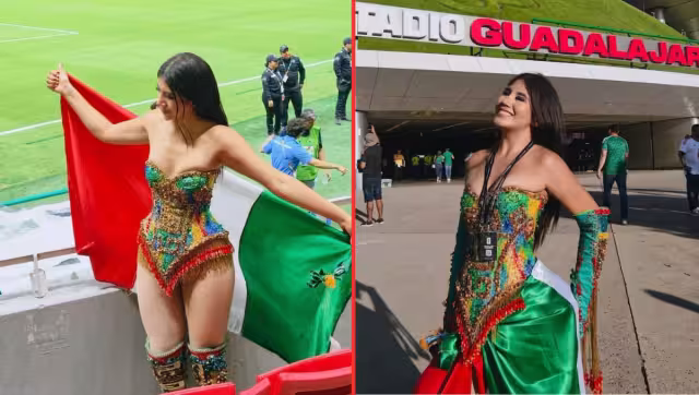 La influencer Friday Frida lució una de sus creaciones en el Estadio Akron de Guadalajara.