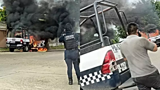 Dos patrullas de la Policía Estatal fueron incendiadas con bombas molotov en Coatzacoalcos, Veracruz. Foto: Especial