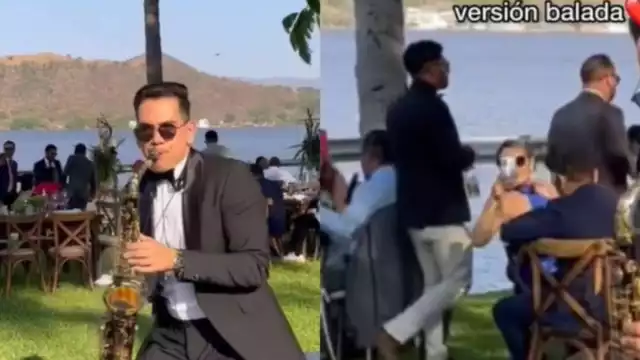 Saxofonista toca canciones de Peso Pluma en una boda