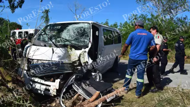La combi resultó con graves daños tras la volcadura y choque contra un árbol