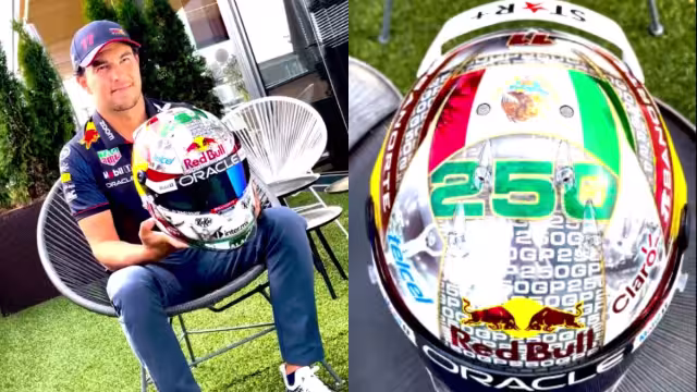 Checo mostró cada detalle del nuevo casco. Foto: Especial
