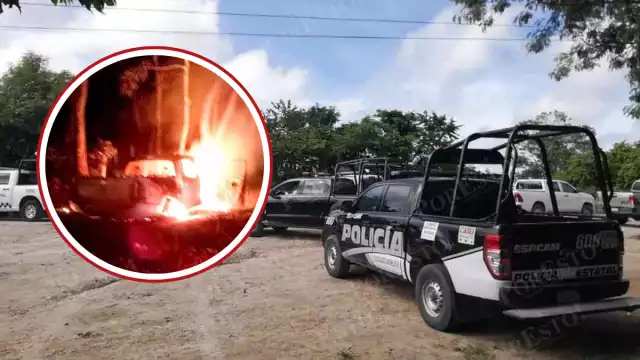 Percance en Nueva Rosita-Pablo Torres Burgos: camioneta consumida por el fuego