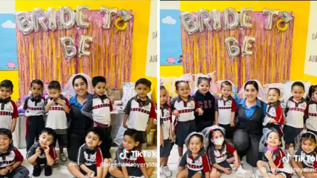 Las niñas recibieron a su maestra luciendo velos de novia