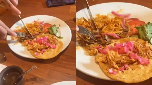 El turista de Sonora comía un panucho de cochinita pibil con cubiertos