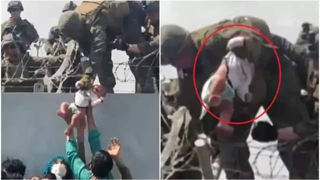 La grabación de nueve segundos que se hizo viral en las redes sociales muestra cómo, en medio de la multitud y el caos, una persona entrega a un bebé. Foto: Especial