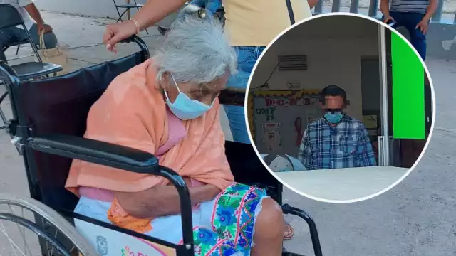 Pese al frío, la abuelita tuvo que esperar a su consulta afuera del IMSS de Izamal