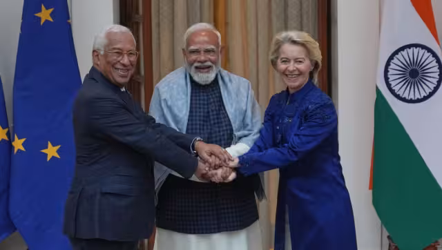 António Costa, presidente del Consejo Europeo; Narendra Modi, primer ministro de India y Ursula von der Leyen, presidenta de la Comisión Europea