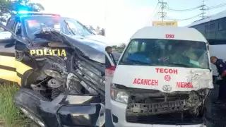 Mañana de angustia en la Mérida-Cancún: Patrulla de la SSP choca contra una combi y camión de pasajeros