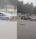 Automovilista queda atrapado en calle inundada en Puebla.