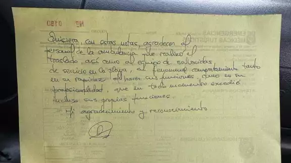 Por medio de una carta, el turista agradeció al equipo de emergencias de la ambulancia y los salvavidas que lograron salvarlo Por medio de una carta, el turista agradeció al equipo de emergencias de la ambulancia y los salvavidas que lograron salvarlo