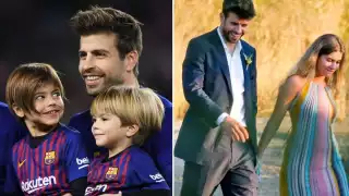 A la pareja se le ve en el gran pasto jugado futbol con los pequeños. También los acompaña su mascota, un perro de color negro.