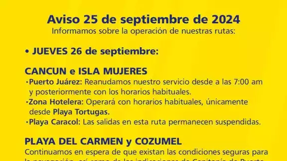 Rutas Cancún-Isla Mujeres y Chiquilá-Holbox retomarán actividades, mientras que los cruces a Cozumel siguen pendientes.