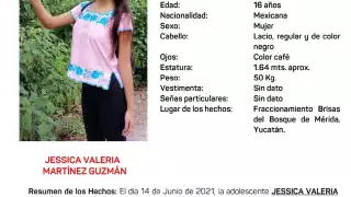 Alerta Amber por la joven Jessica Valeria Martínez Guzmán de 16 años