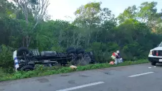 El tráiler quedó fuera de la carretera tras volcarse; autoridades acudieron al rescate del chofer de la unidad
