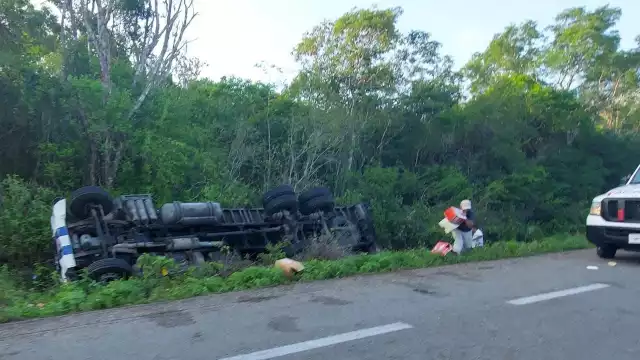 El tráiler quedó fuera de la carretera tras volcarse; autoridades acudieron al rescate del chofer de la unidad