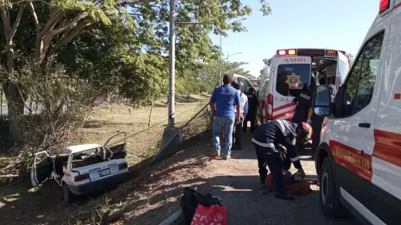 El coche Tsuru se proyectó contra una malla, en su trayecto hacia la hondonada central chocó con un poste y dos árboles El coche Tsuru se proyectó contra una malla, en su trayecto hacia la hondonada central chocó con un poste y dos árboles