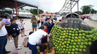 Niños del Centro de Autismo colocan naranjas en las estructuras que se exhibirán este 11 de diciembre