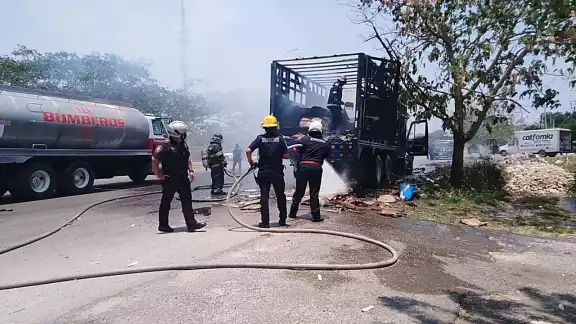 El camión circulaba con cajas de mercancía, mismas que quedaron consumidas El camión circulaba con cajas de mercancía, mismas que quedaron consumidas