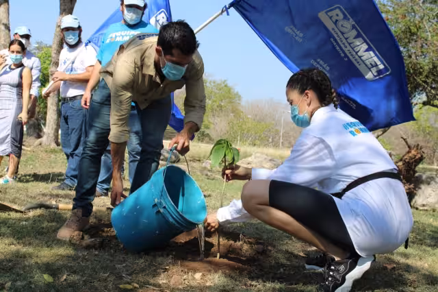 El candidato a Diputado Federal por el PAN, Rommel Pacheco,  plantó árboles de campanita y ciricote en el Parque Ecológico del Poniente