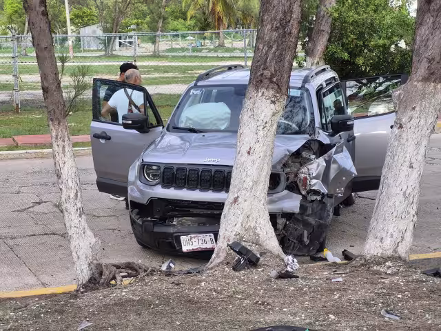 La camioneta terminó con severos daños en la parte frontal tras impactarse contra un árbol en Playa Norte.