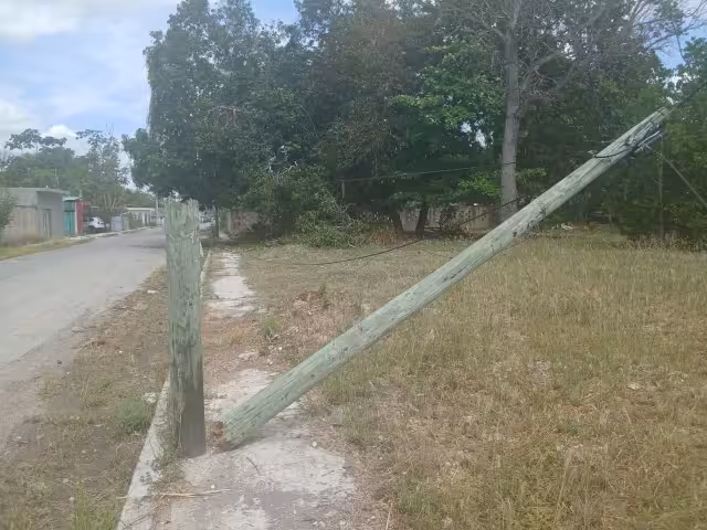Parte del poste quedó colgando sobre la banqueta sostenido únicamente por cables.