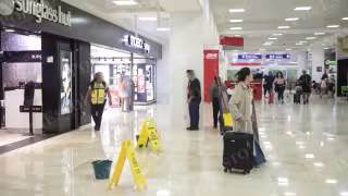 Goteras y pisos mojados evidencian falta de mantenimiento en la Terminal 2 del aeropuerto de Cancún