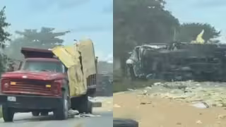 Choque entre tres camiones provoca volcadura y congestionamiento en la salida de Cancún