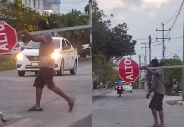 Captan a sujeto robando señal de “alto" en calles de Chetumal