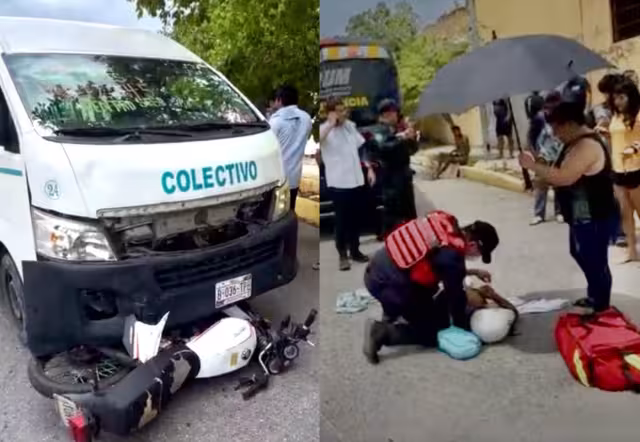 Los ocupantes salieron disparados, mientras que la motocicleta quedó bajo la parte frontal de la combi y fue arrastrado varios metros