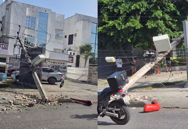 Por la fuerza y velocidad del vehículo, al derribar el primer poste jaló otros dos, lo que provocó múltiples daños