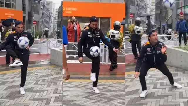 El piloto mexicano se puso a dominar el balón en las calles de Japón previo al Gran Premio