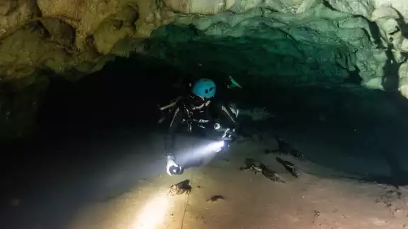 Durante este recorrido de bajo el agua, los buzos espeleólogos certificados notaron las cavidades y comenzaron a explorarlas Durante este recorrido de bajo el agua, los buzos espeleólogos certificados notaron las cavidades y comenzaron a explorarlas